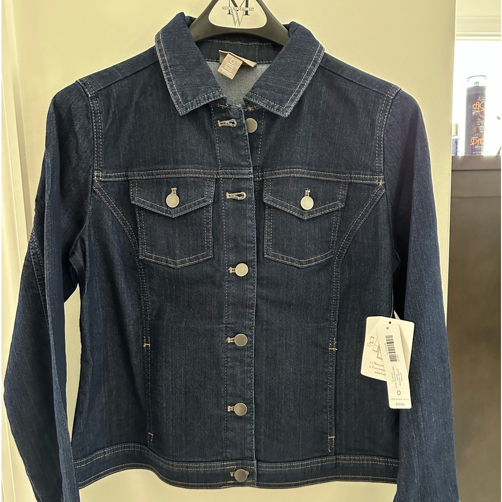 Chico’s classic trucker denim, vineyard dark wash jacket